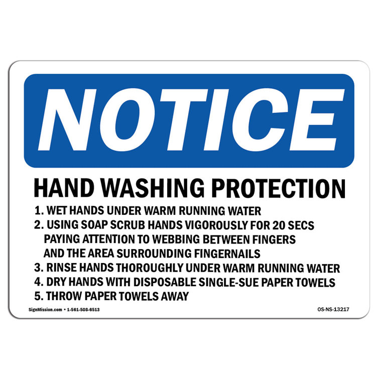 SignMission OSHA Notice Hand Washing Protection 1. Wet Hands Under
